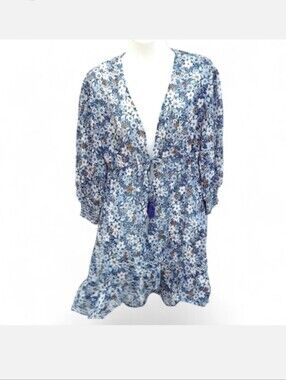 Blue Islands Floral Kimono Swimsuit Cover up Ruffle Hem Front Tassel Tie Small